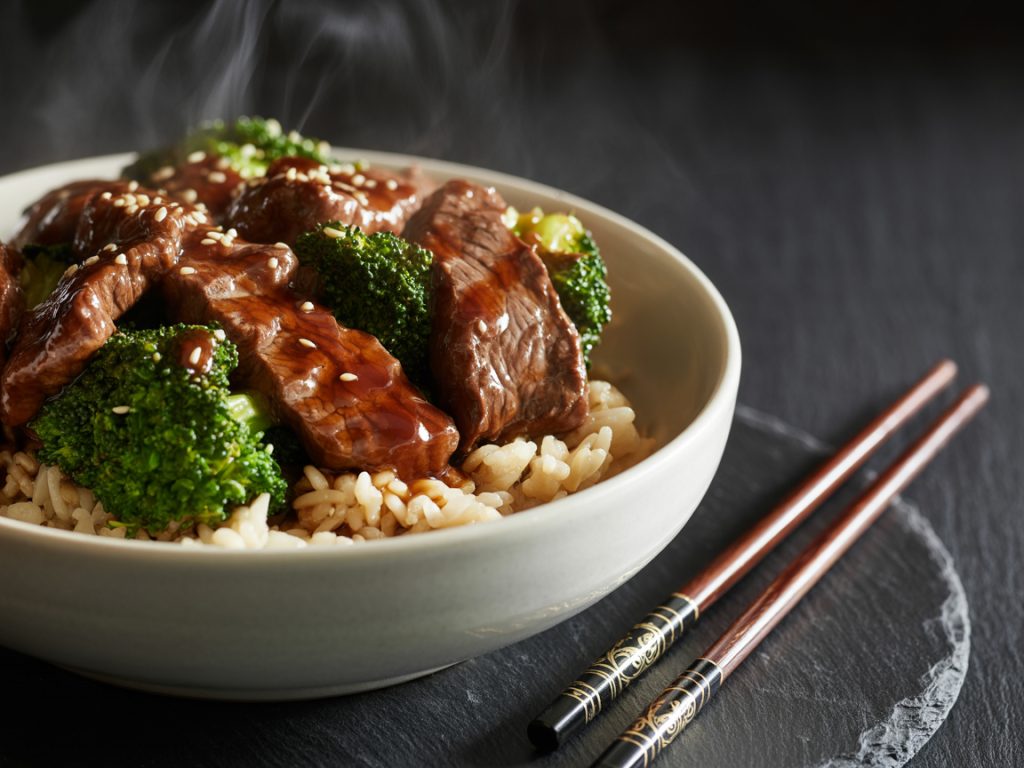 Tender beef strips and broccoli florets in glossy soy sesame sauce served in white bowl over rice