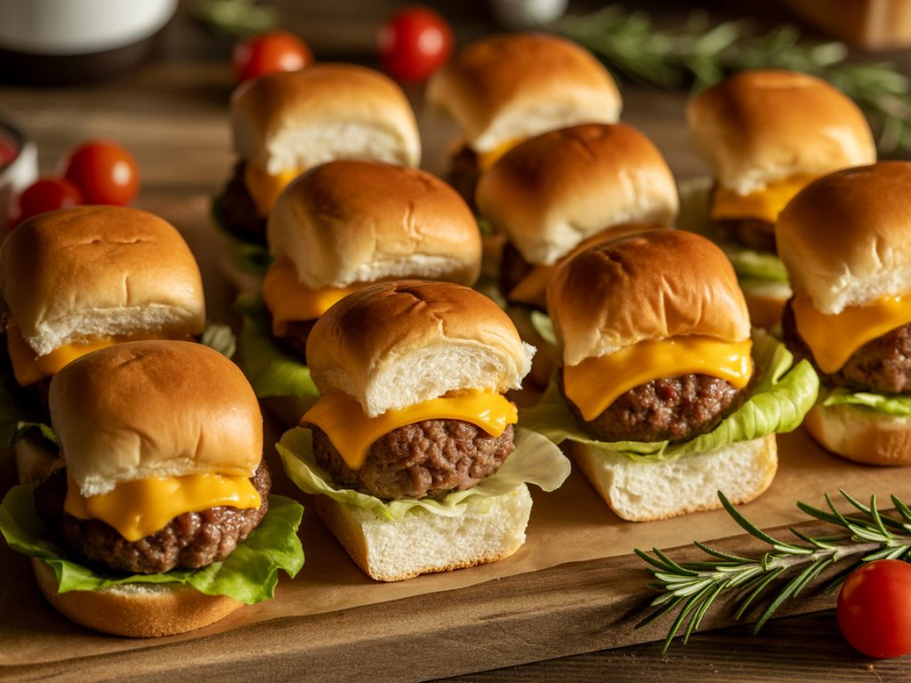 Mini ground beef sliders with melted cheese on small hamburger buns