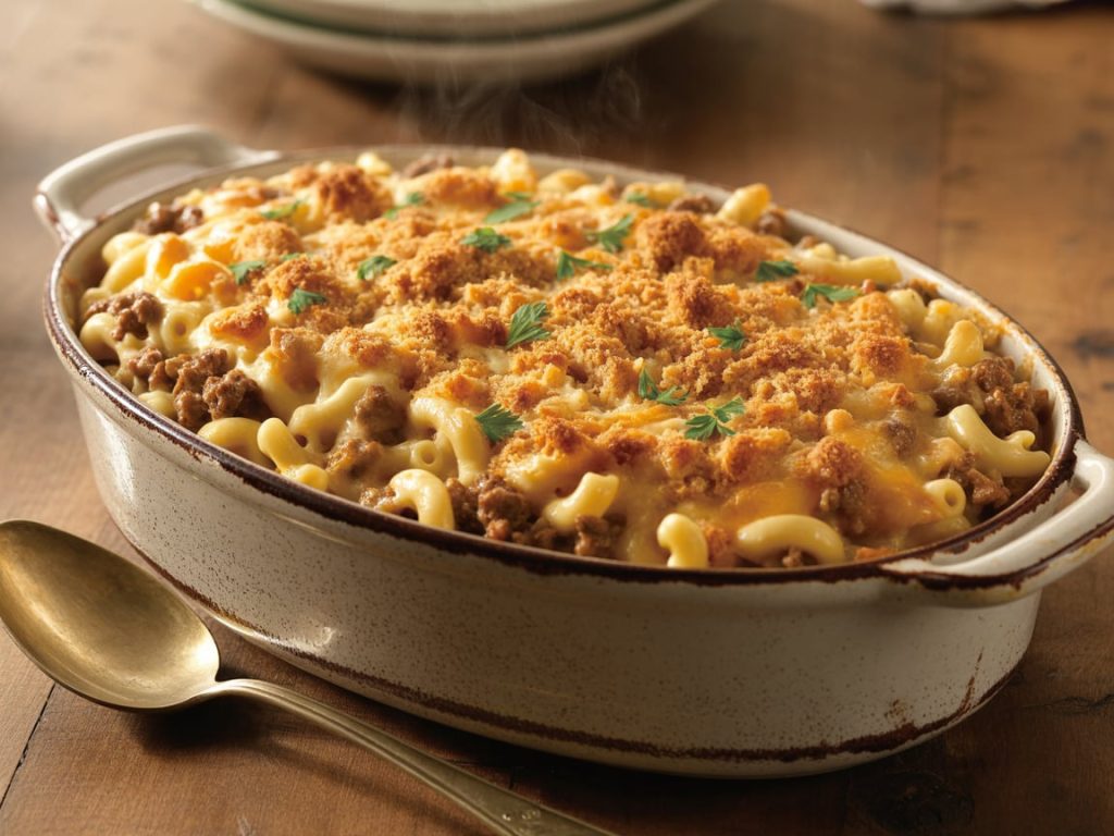 Creamy beef and macaroni casserole with golden breadcrumb topping