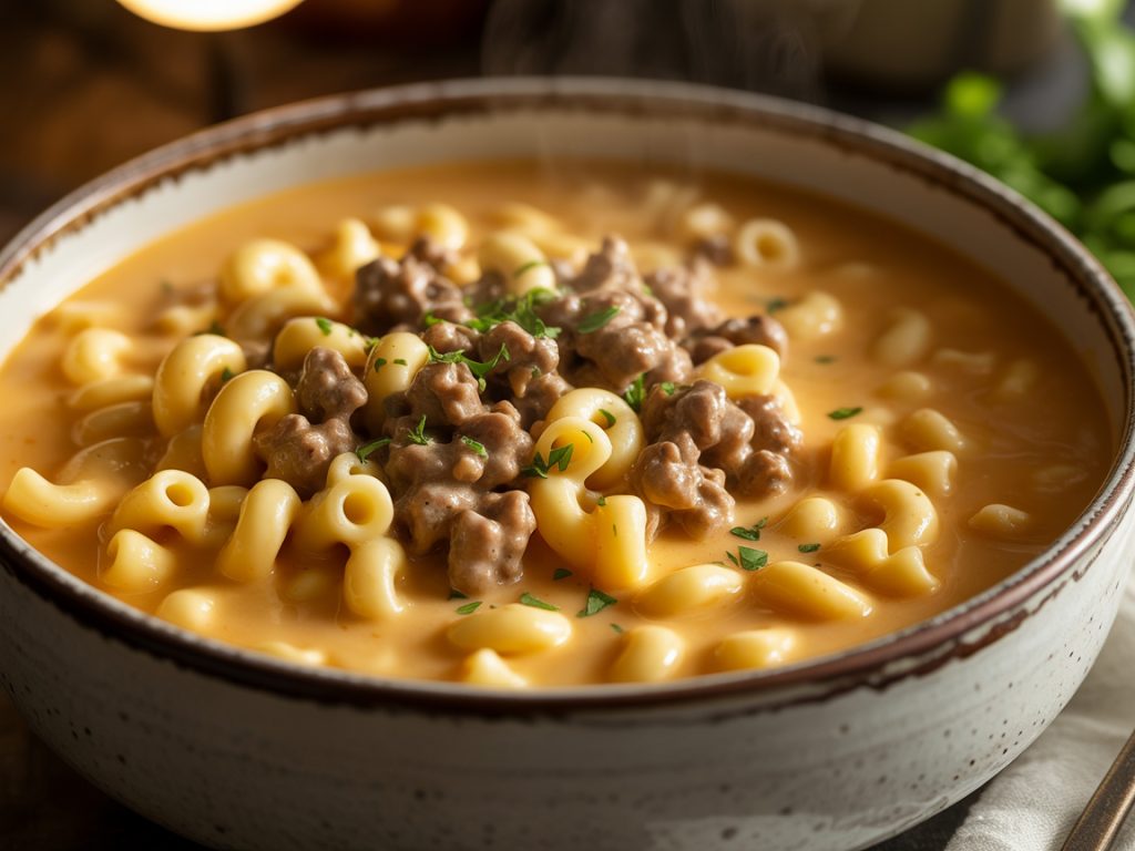 Creamy mac and cheese soup with ground beef and elbow macaroni