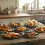 Assorted crispy air fryer dinner recipes including golden chicken, salmon, and vegetables arranged on a modern kitchen counter