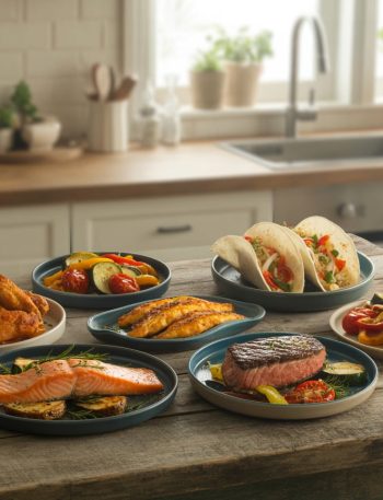 Assorted crispy air fryer dinner recipes including golden chicken, salmon, and vegetables arranged on a modern kitchen counter