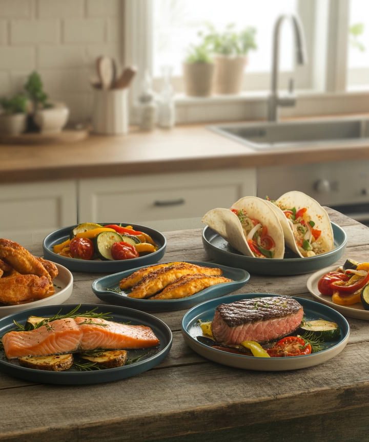 Assorted crispy air fryer dinner recipes including golden chicken, salmon, and vegetables arranged on a modern kitchen counter