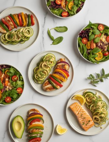 Assortment of colorful low calorie dinner recipes including grilled chicken, zucchini noodles, and fresh vegetables arranged on a marble countertop