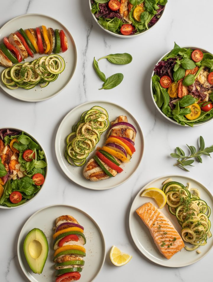 Assortment of colorful low calorie dinner recipes including grilled chicken, zucchini noodles, and fresh vegetables arranged on a marble countertop