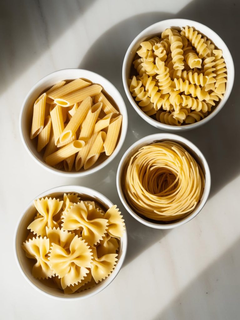Four bowls showing different pasta shapes including penne, fusilli, farfalle and spaghetti for primavera