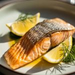 Beautifully seared salmon fillet with golden crispy skin on white plate with fresh herbs and lemon, restaurant-quality presentation