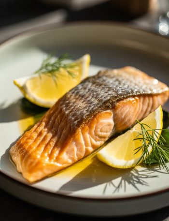 Beautifully seared salmon fillet with golden crispy skin on white plate with fresh herbs and lemon, restaurant-quality presentation
