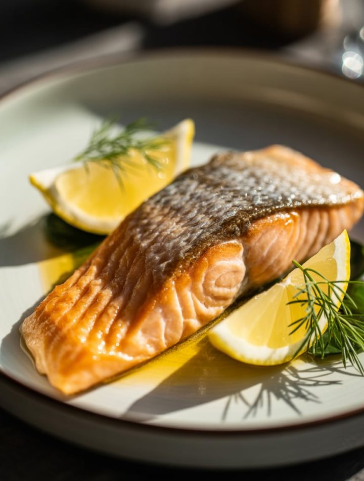Beautifully seared salmon fillet with golden crispy skin on white plate with fresh herbs and lemon, restaurant-quality presentation
