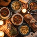 Cozy winter dinner table setting with steaming healthy comfort food dishes and warm lighting
