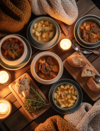 Cozy winter dinner table setting with steaming healthy comfort food dishes and warm lighting