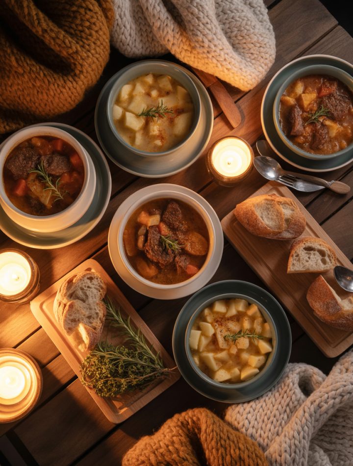 Cozy winter dinner table setting with steaming healthy comfort food dishes and warm lighting