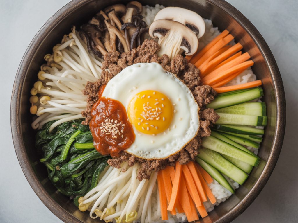 Korean beef bibimbap bowl with sectioned vegetables, fried egg and gochujang in traditional arrangement