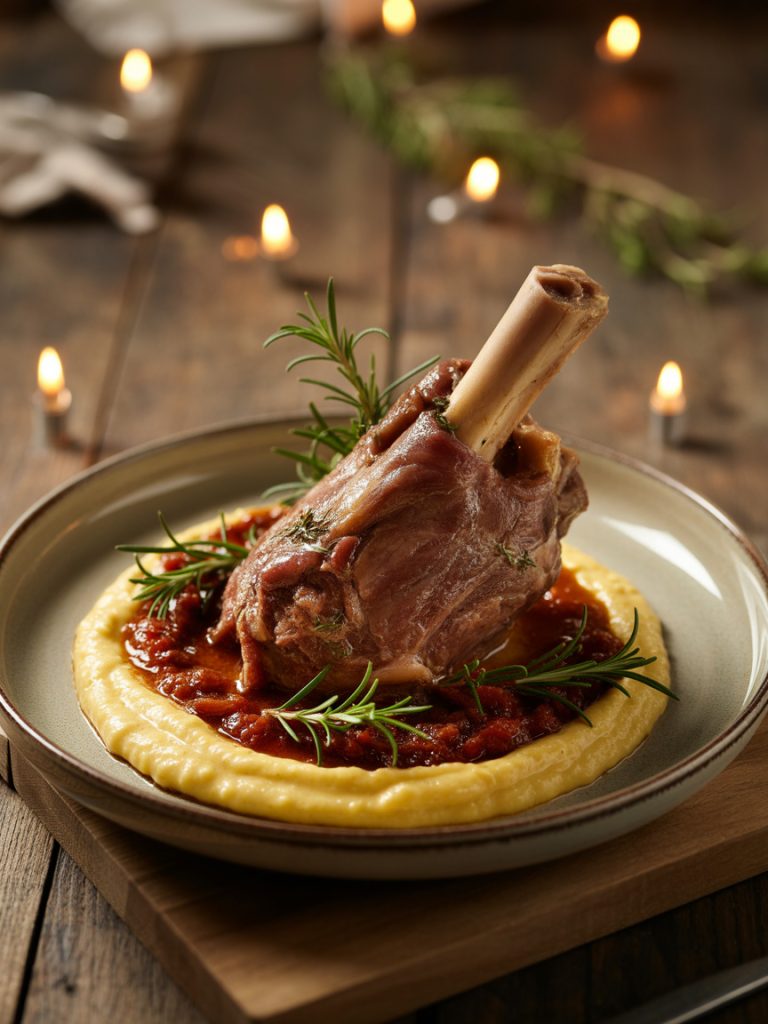 Tender braised lamb shanks in red wine and tomato sauce served with creamy polenta