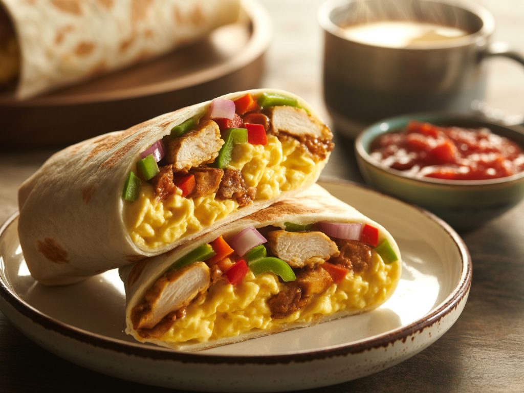 Breakfast burrito filled with scrambled eggs and chicken fajita mixture, cut in half showing colorful filling