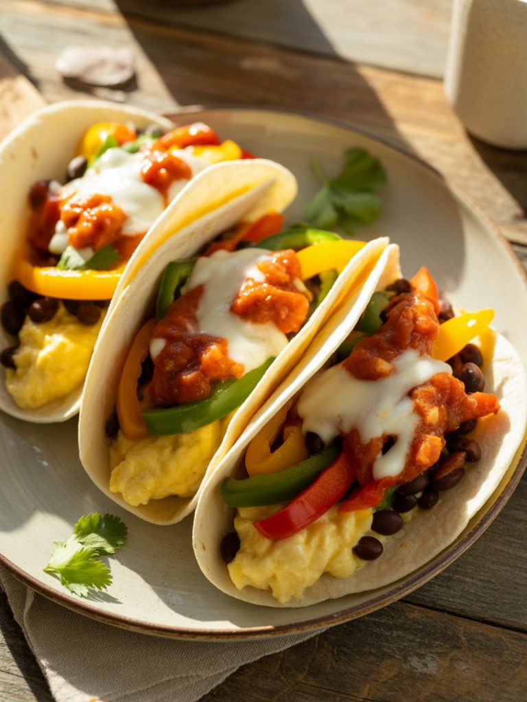 Veggie scramble tacos with eggs black beans peppers budget breakfast for dinner recipe under six dollars