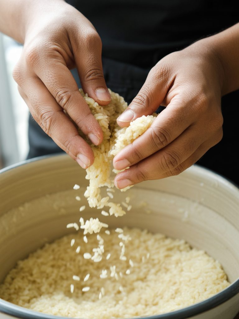 Hands breaking up clumped cold rice into individual grains over bowl for fried rice preparation