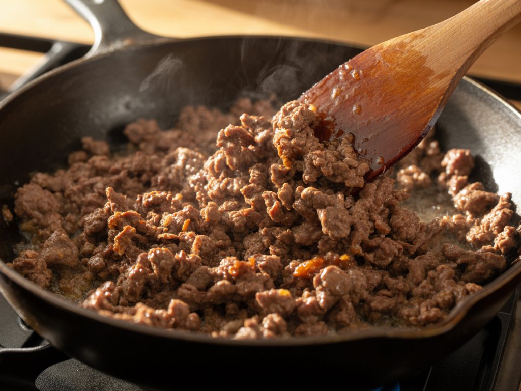 Ground beef being browned and crumbled in skillet showing golden caramelization with wooden spoon