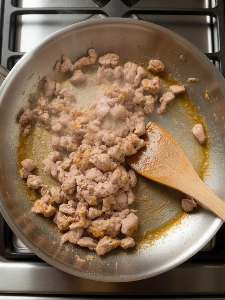 Ground turkey browning and crumbling in a stainless steel skillet with wooden spoon