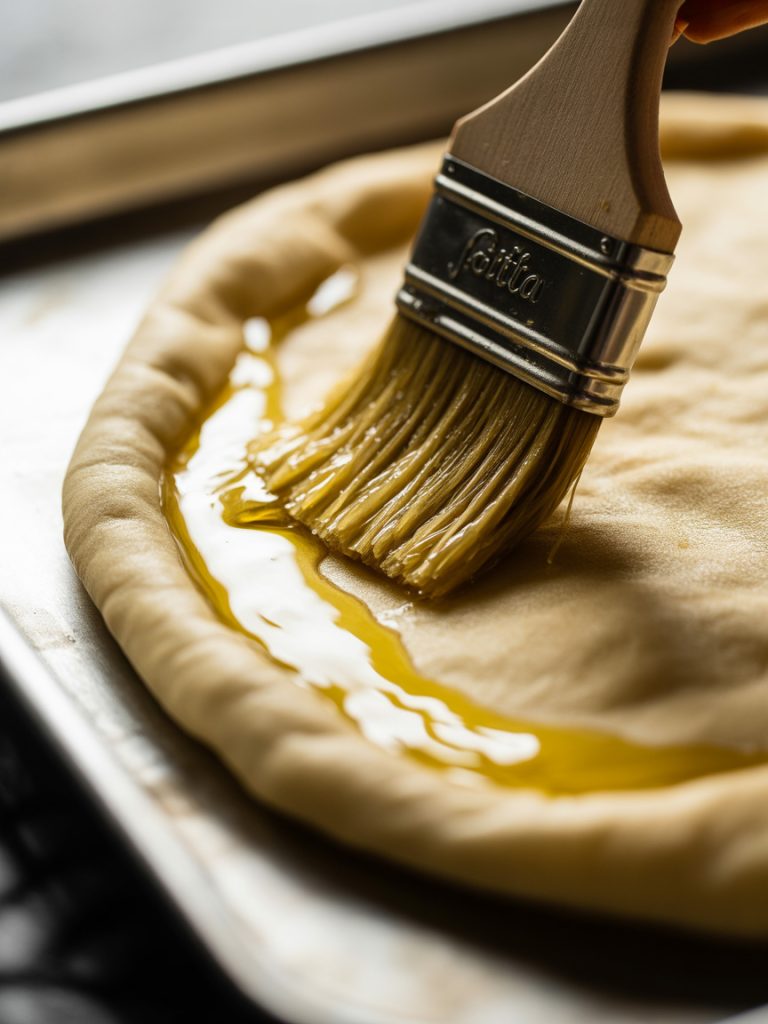 Pastry brush applying olive oil to pita bread edge on baking sheet for crispy crust