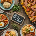 Colorful affordable dinner dishes including chicken rice beans pasta and vegetables arranged on wooden table under ten dollars