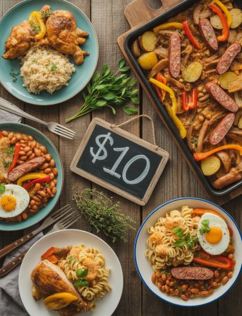 Colorful affordable dinner dishes including chicken rice beans pasta and vegetables arranged on wooden table under ten dollars