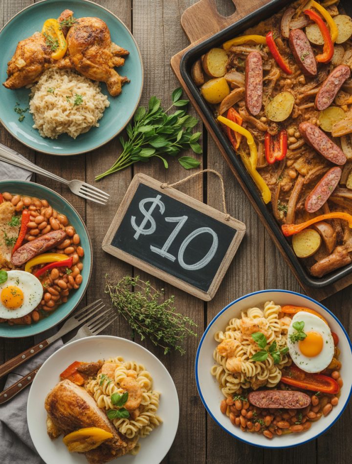 Colorful affordable dinner dishes including chicken rice beans pasta and vegetables arranged on wooden table under ten dollars