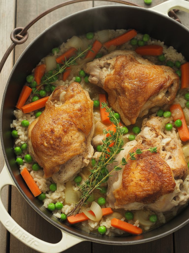 One pot chicken and rice dinner with tender chicken thighs, fluffy rice and mixed vegetables in a Dutch oven