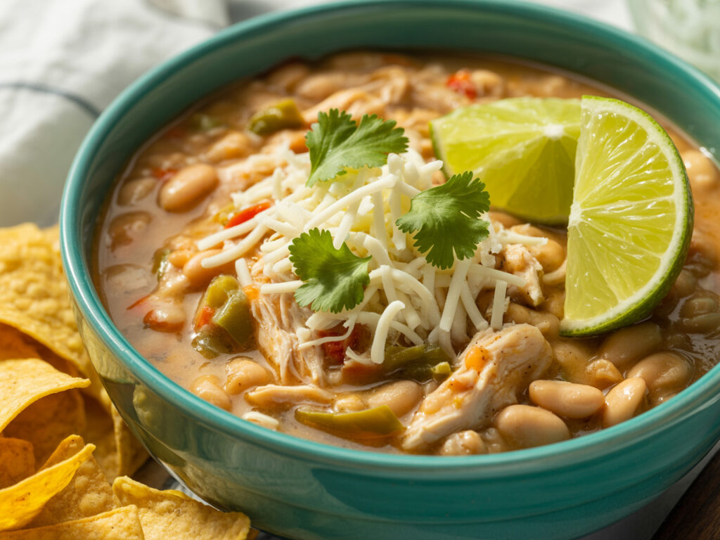 White chicken chili with beans and green chiles topped with cheese and cilantro