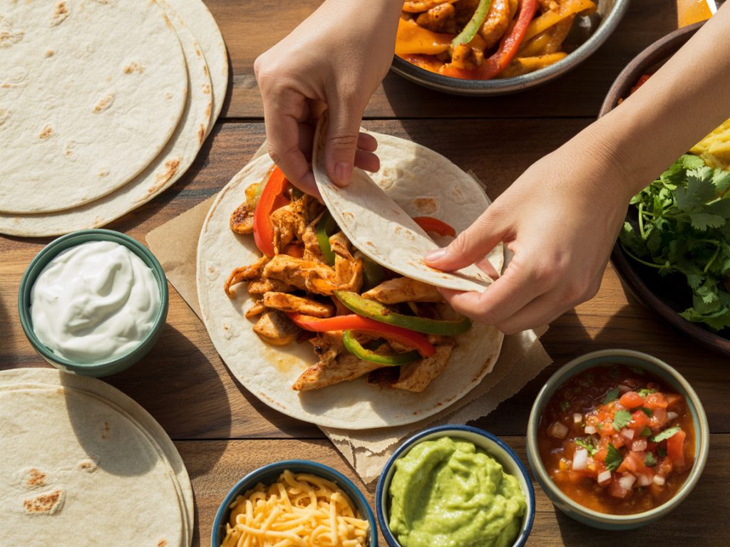 Chicken fajitas being assembled in flour tortillas with various toppings including sour cream, cheese and guacamole