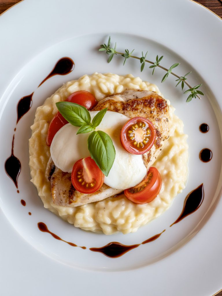 Elegant Caprese chicken served over creamy parmesan risotto with melted cheese and balsamic glaze