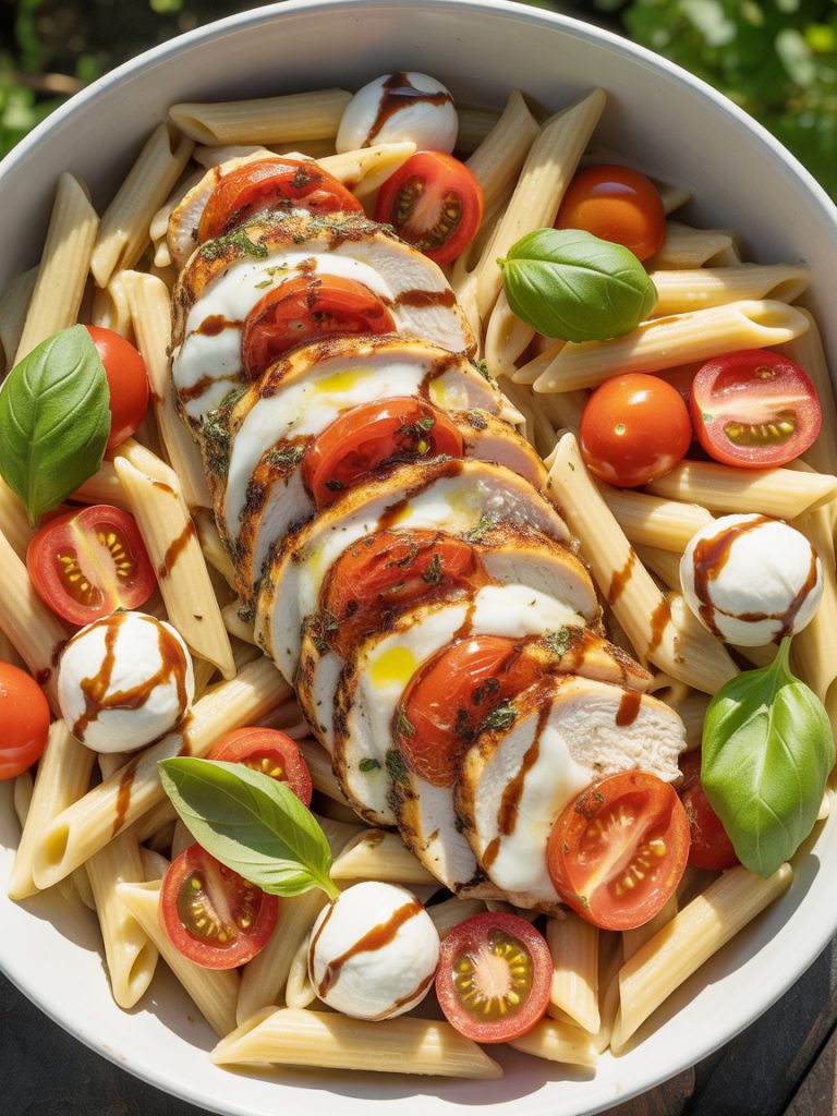 Sliced Caprese chicken over pasta with cherry tomatoes, mozzarella balls and fresh basil in white bowl