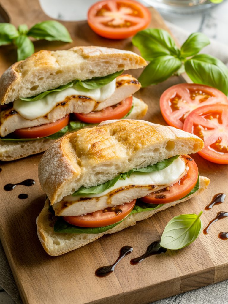 Caprese chicken sandwich with melted cheese, tomatoes and basil on toasted ciabatta roll cut in half