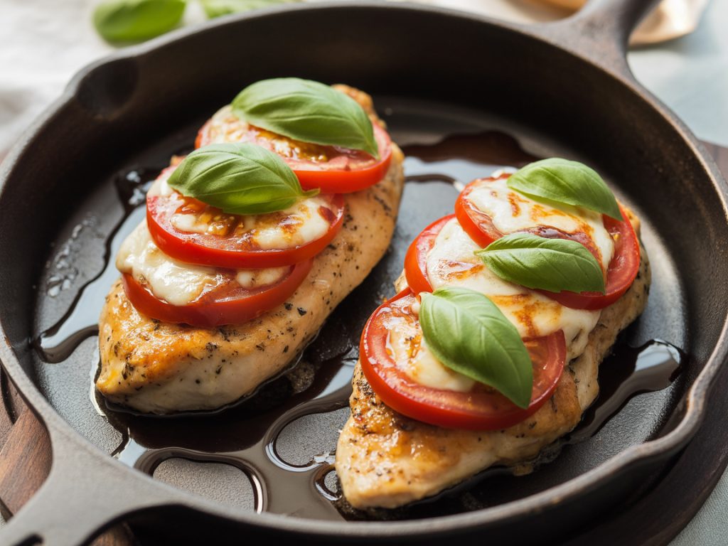 Caprese chicken topped with melted mozzarella, tomatoes, and basil in skillet
