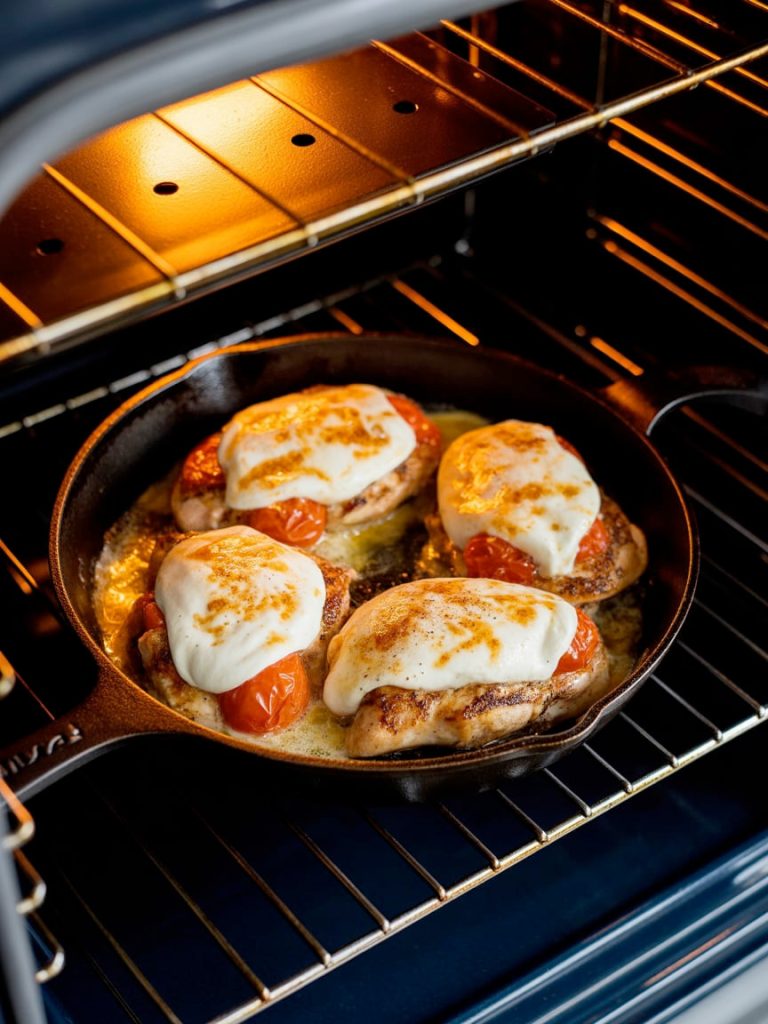 Chicken breasts with melting bubbly mozzarella cheese under oven broiler developing golden spots