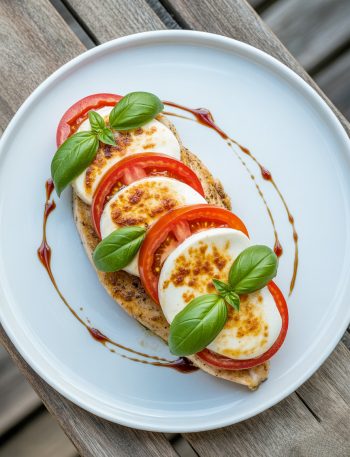 Golden seared chicken breast topped with fresh tomatoes, melted mozzarella, basil and balsamic glaze on white plate