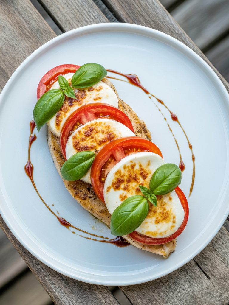 Golden seared chicken breast topped with fresh tomatoes, melted mozzarella, basil and balsamic glaze on white plate
