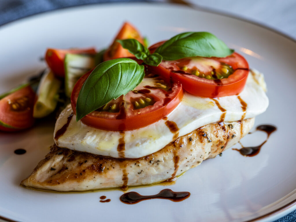 Pan-seared caprese chicken topped with fresh mozzarella, tomatoes, basil, and balsamic reduction
