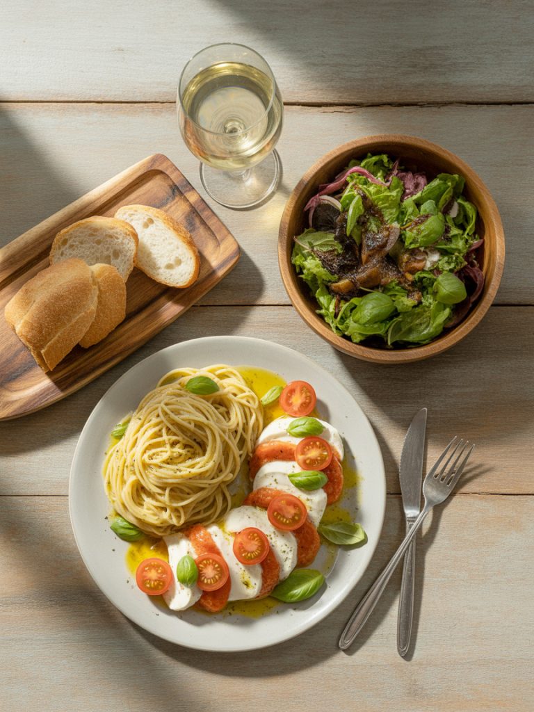 Complete Italian meal with Caprese chicken, pasta, mixed salad, bread and wine on wooden table