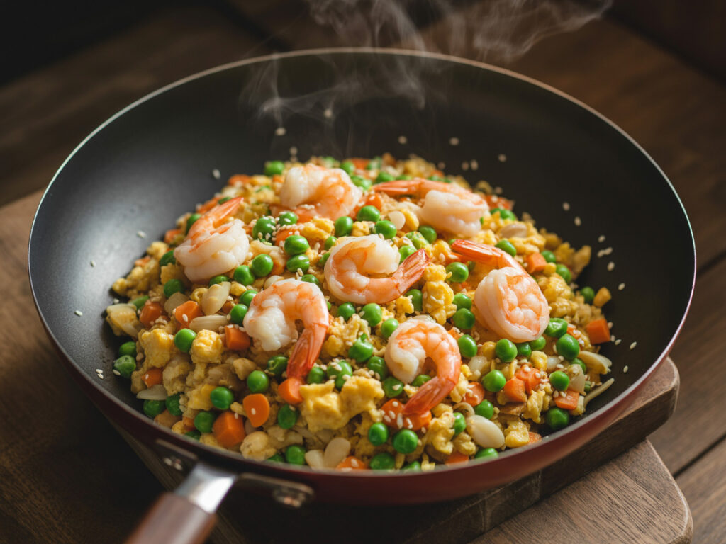 Low-carb cauliflower fried rice with shrimp and vegetables in wok