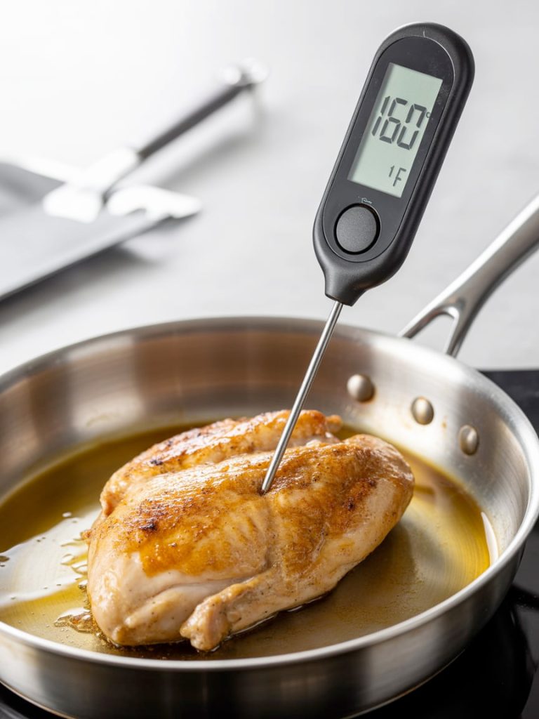 Digital thermometer inserted in cooked chicken breast showing 160°F temperature reading