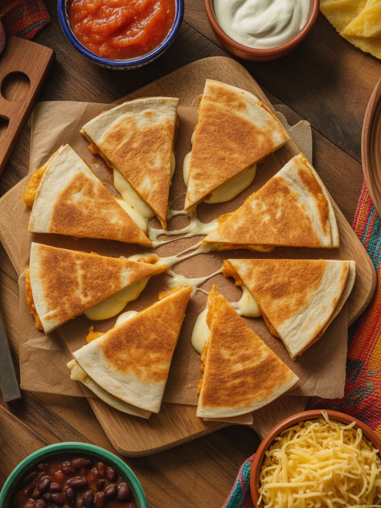 Golden crispy quesadillas cut into wedges with melted cheese beans salsa sour cream budget family meal