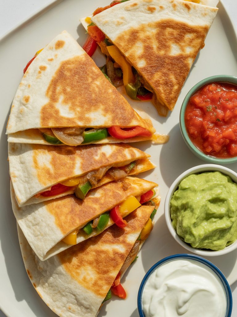 Vegan vegetable quesadillas with peppers, onions, and melted cheese