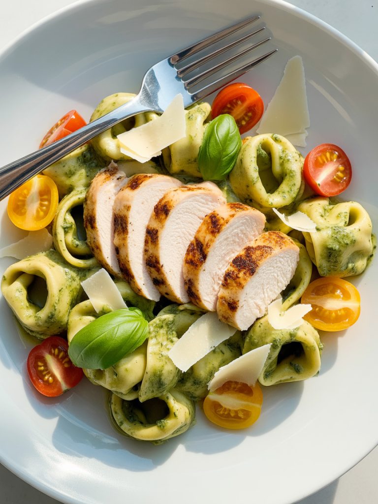 Bowl of pesto tortellini topped with sliced grilled chicken breast, tomatoes and fresh basil