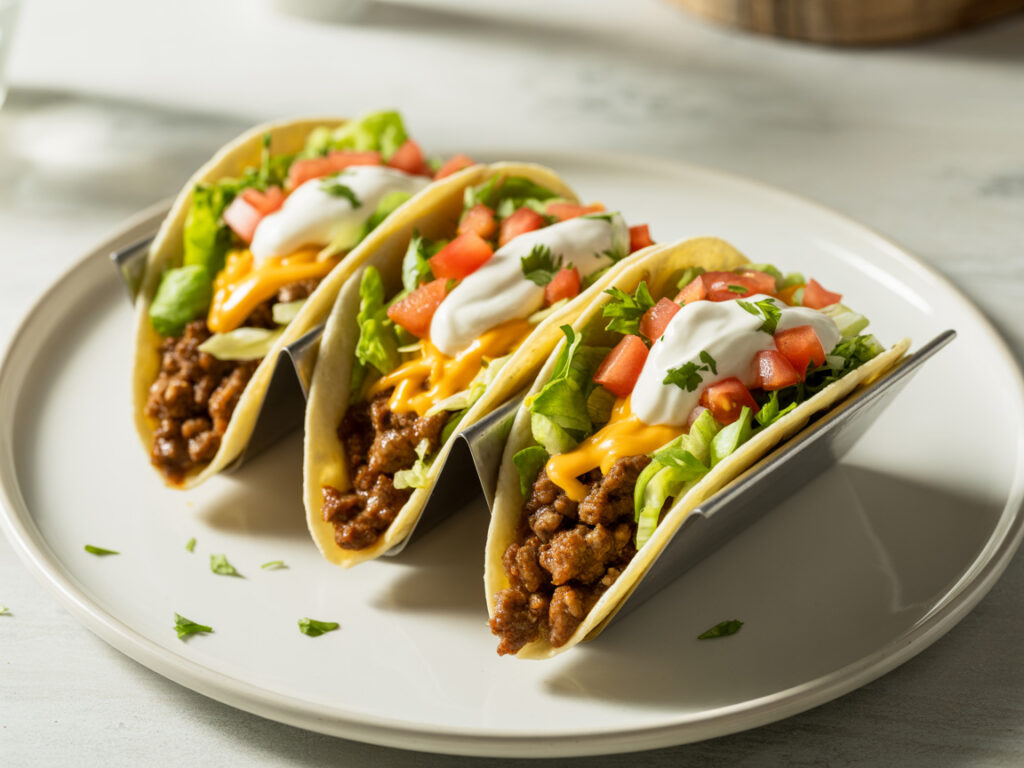 Delicious ground beef tacos topped with fresh lettuce, cheese, tomatoes and sour cream