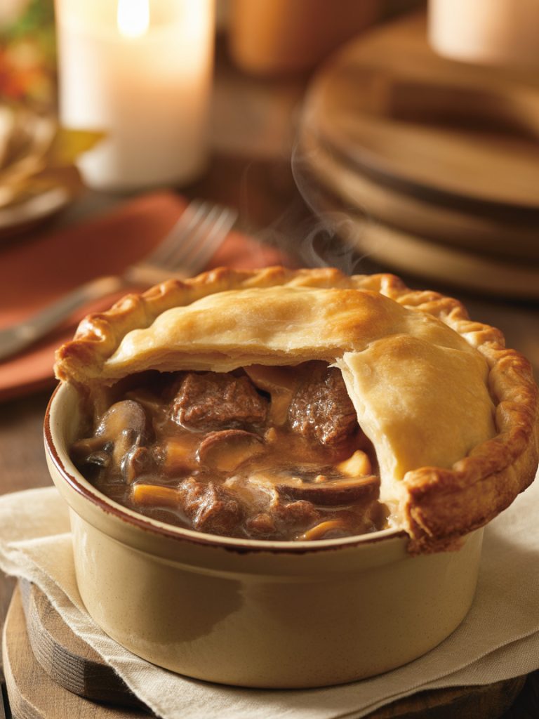 Golden flaky pot pie crust with beef and mushroom filling visible
