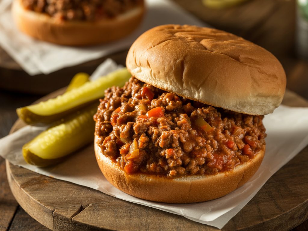 Sloppy joe sandwich with seasoned ground beef on toasted hamburger bun