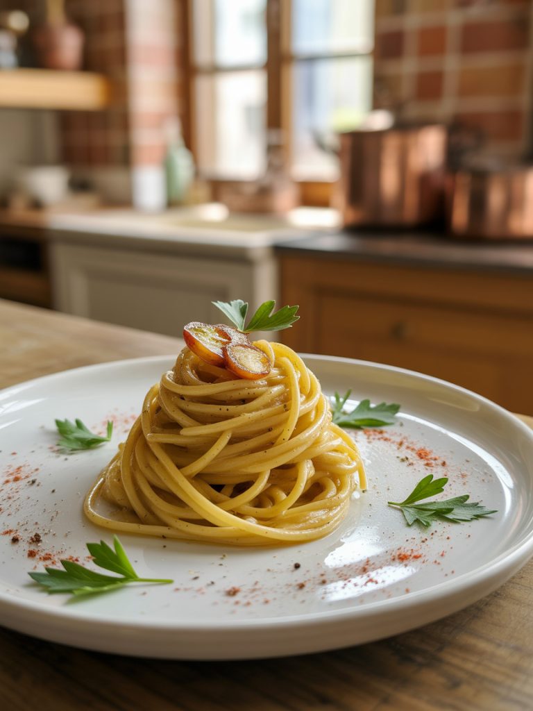 Plate of spaghetti aglio e olio with garlic, olive oil, and fresh parsley on white dish