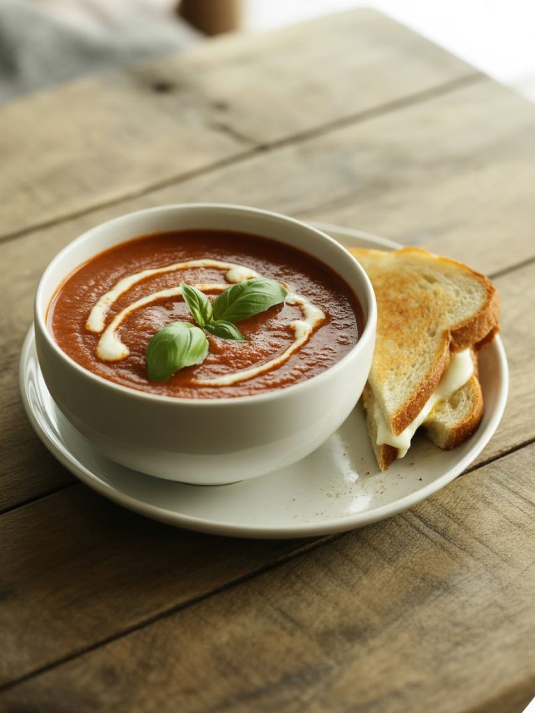 Vegan tomato basil soup with fresh herbs and grilled cheese