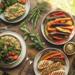 Healthy clean eating dinner recipes spread on family dining table with colorful vegetables and wholesome meals